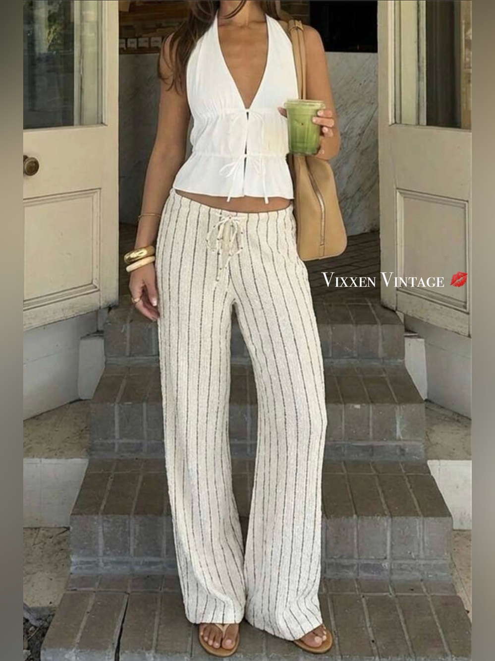LOVE TREE BLACK PINSTRIPE WIDE LEG LINEN BLEND PANTS IN IVORY